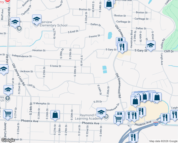 map of restaurants, bars, coffee shops, grocery stores, and more near 3825 South 32nd Street in Fort Smith