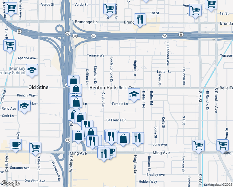 map of restaurants, bars, coffee shops, grocery stores, and more near 915 Paloma Street in Bakersfield