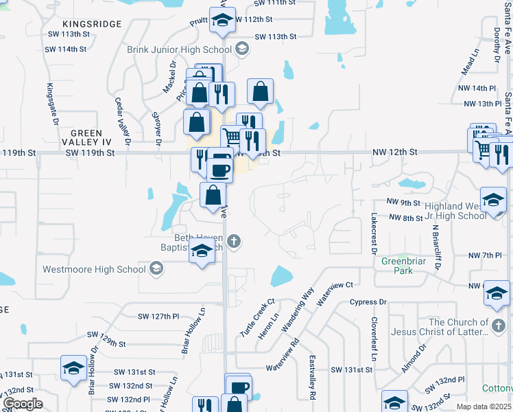 map of restaurants, bars, coffee shops, grocery stores, and more near 12218 Greenlea Chase West in Oklahoma City
