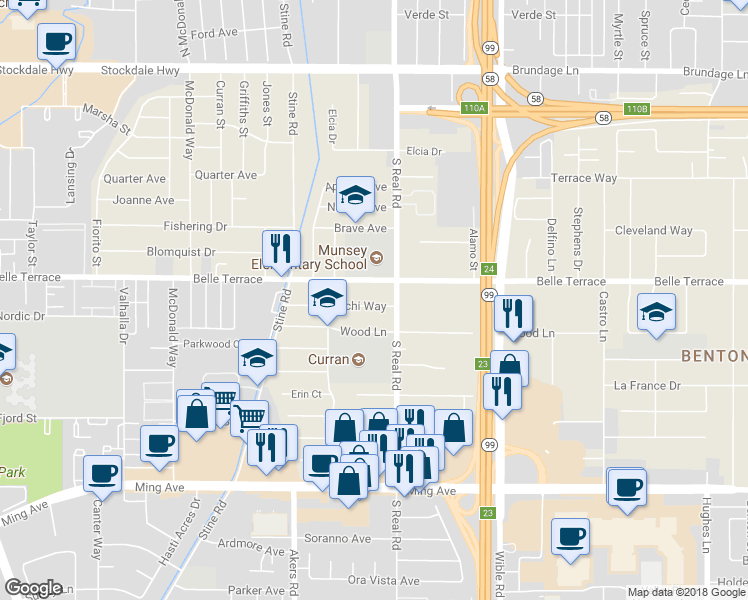 map of restaurants, bars, coffee shops, grocery stores, and more near 3616 Bianchi Way in Bakersfield