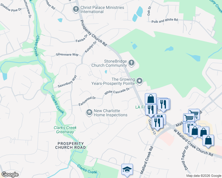 map of restaurants, bars, coffee shops, grocery stores, and more near 9939 White Cascade Drive in Charlotte