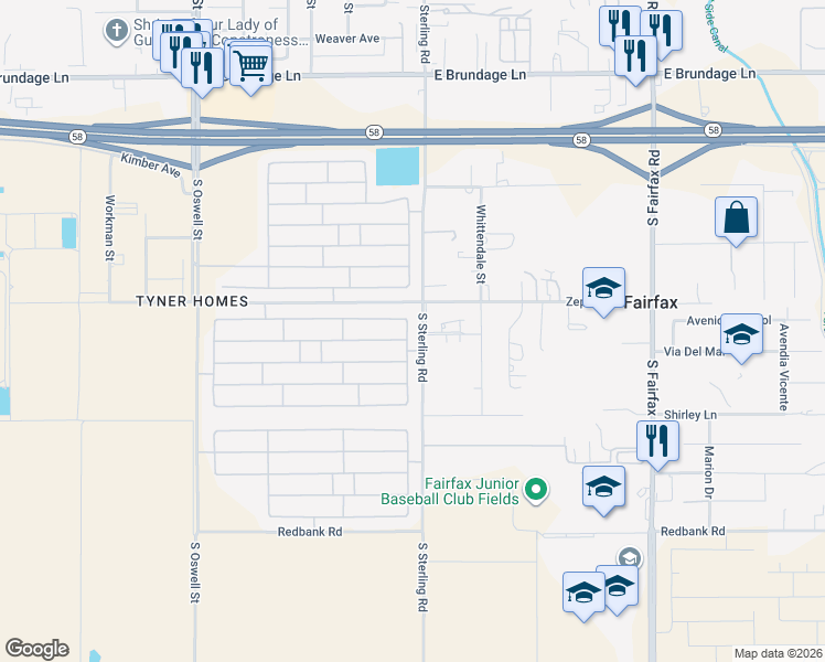 map of restaurants, bars, coffee shops, grocery stores, and more near 913 Vallejo Drive in Bakersfield