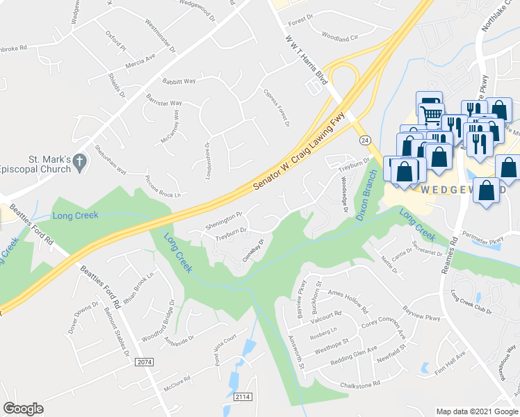 map of restaurants, bars, coffee shops, grocery stores, and more near 8922 Trentsby Place in Charlotte