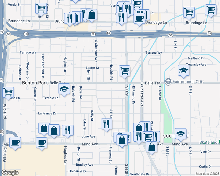 map of restaurants, bars, coffee shops, grocery stores, and more near 1800 Shamrock Way in Bakersfield