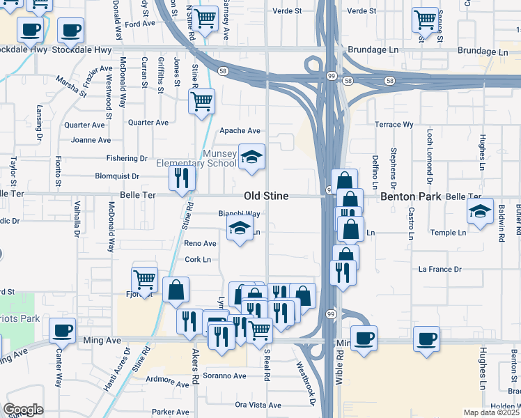map of restaurants, bars, coffee shops, grocery stores, and more near 3616 Bianchi Way in Bakersfield