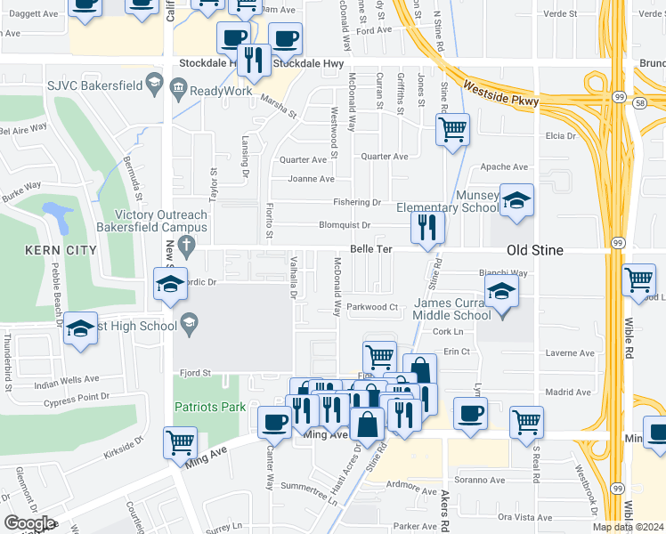 map of restaurants, bars, coffee shops, grocery stores, and more near 1001 McDonald Way in Bakersfield