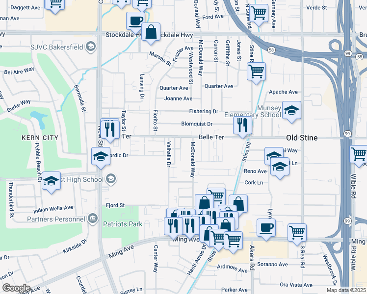 map of restaurants, bars, coffee shops, grocery stores, and more near 1001 McDonald Way in Bakersfield