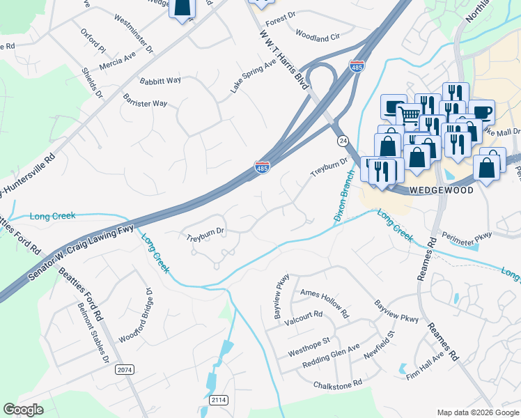 map of restaurants, bars, coffee shops, grocery stores, and more near 9234 Rotherham Lane in Charlotte