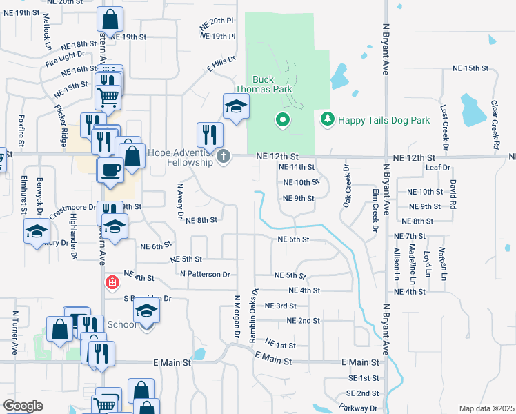 map of restaurants, bars, coffee shops, grocery stores, and more near 804 Ramblin Oaks Drive in Moore