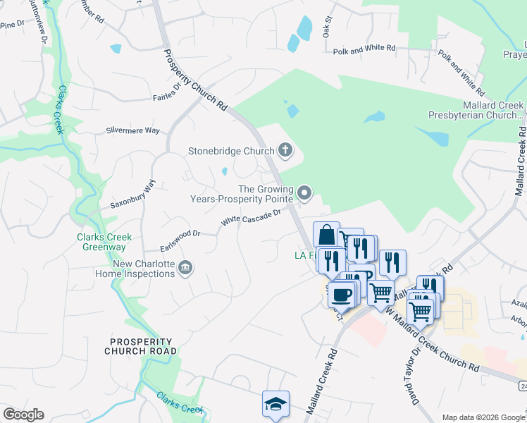 map of restaurants, bars, coffee shops, grocery stores, and more near 10101 White Cascade Drive in Charlotte
