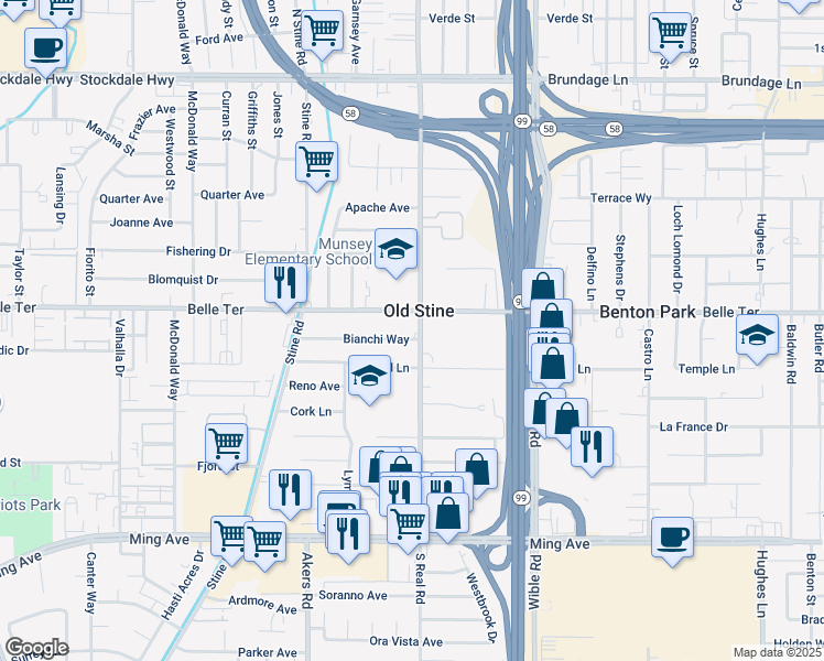 map of restaurants, bars, coffee shops, grocery stores, and more near 806 South Real Road in Bakersfield