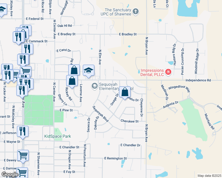 map of restaurants, bars, coffee shops, grocery stores, and more near 5 Navajo Circle in Shawnee
