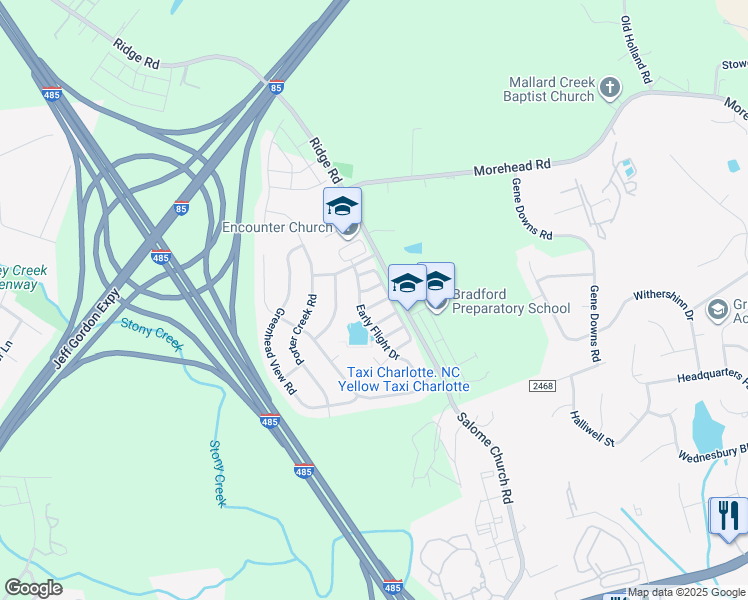 map of restaurants, bars, coffee shops, grocery stores, and more near 14229 Waterfowl Lane in Charlotte