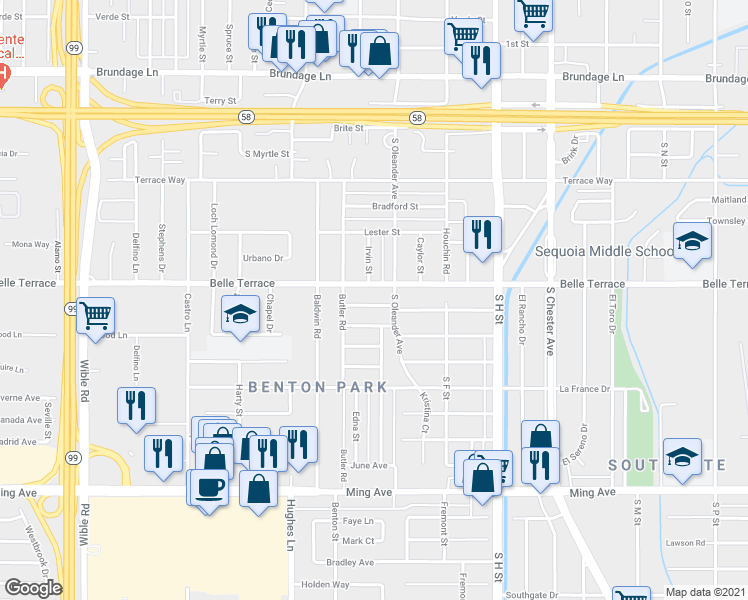 map of restaurants, bars, coffee shops, grocery stores, and more near 2118 Shamrock Way in Bakersfield