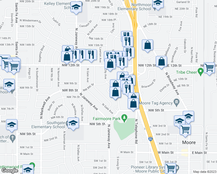 map of restaurants, bars, coffee shops, grocery stores, and more near 801 City Avenue in Moore