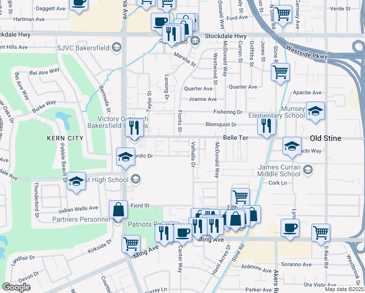 map of restaurants, bars, coffee shops, grocery stores, and more near 4700 Nordic Drive in Bakersfield