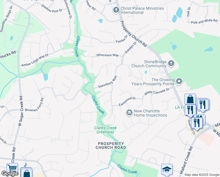 map of restaurants, bars, coffee shops, grocery stores, and more near 9801 Kent Village Drive in Charlotte