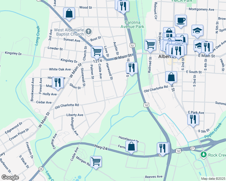 map of restaurants, bars, coffee shops, grocery stores, and more near 338 Harwood Street in Albemarle