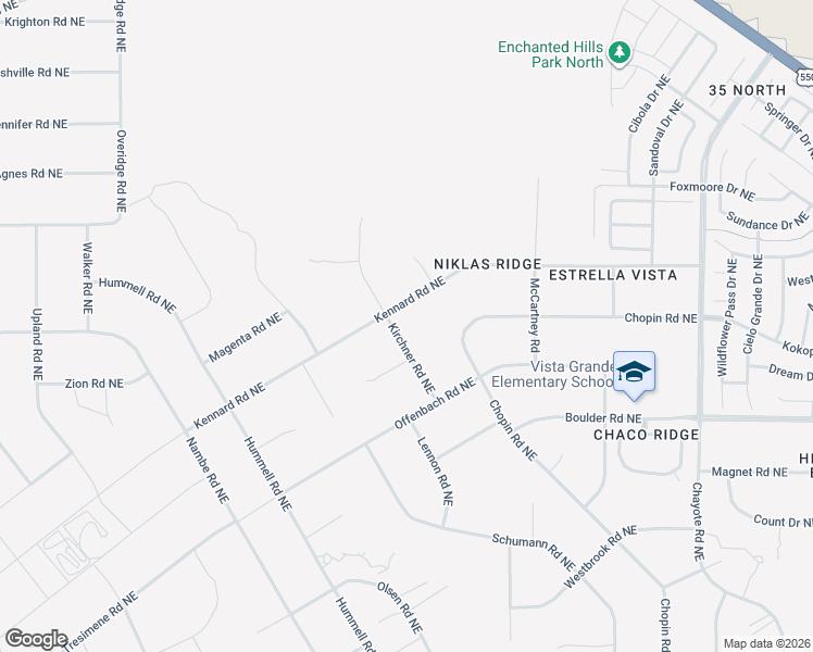 map of restaurants, bars, coffee shops, grocery stores, and more near Kirchner Road Northeast in Rio Rancho