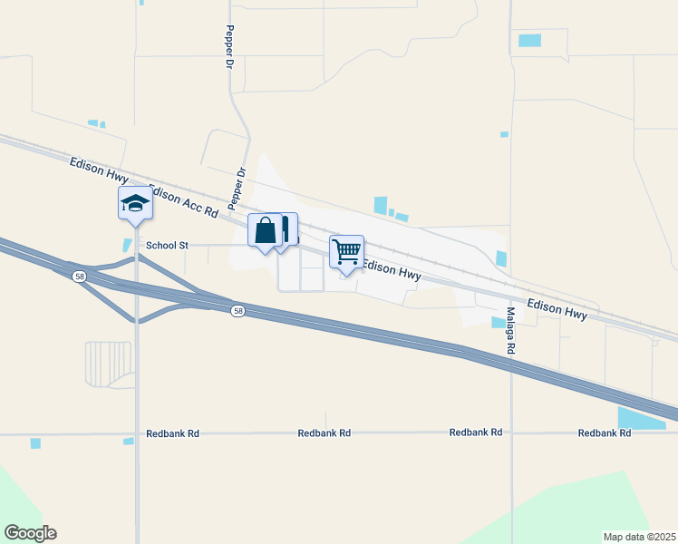 map of restaurants, bars, coffee shops, grocery stores, and more near 12311 Edison Highway in Bakersfield
