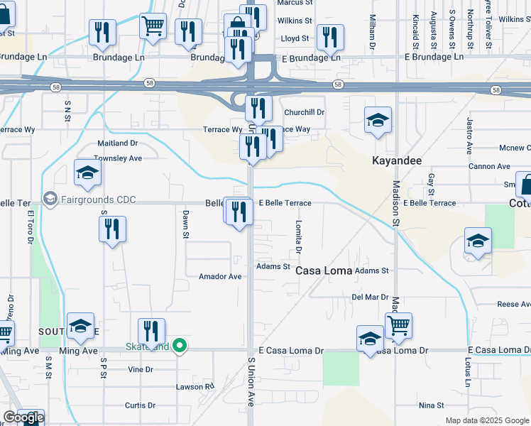 map of restaurants, bars, coffee shops, grocery stores, and more near 810 South Union Avenue in Bakersfield