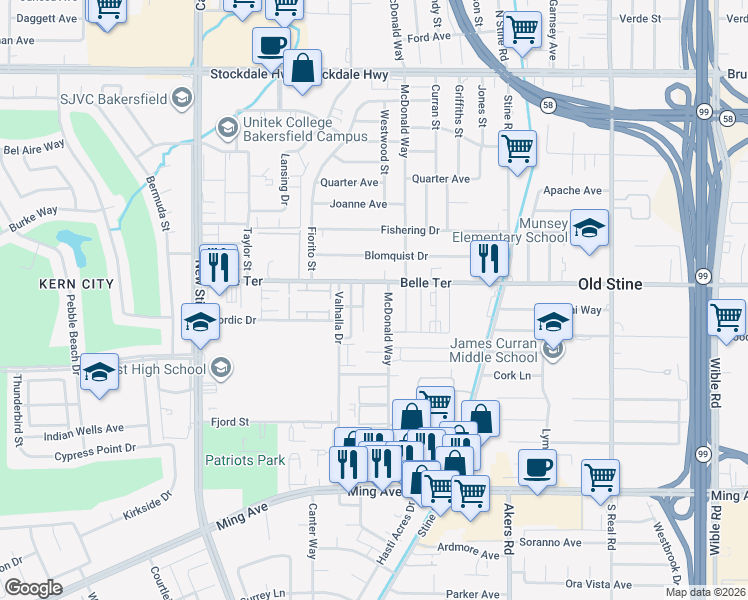 map of restaurants, bars, coffee shops, grocery stores, and more near 1001 McDonald Way in Bakersfield