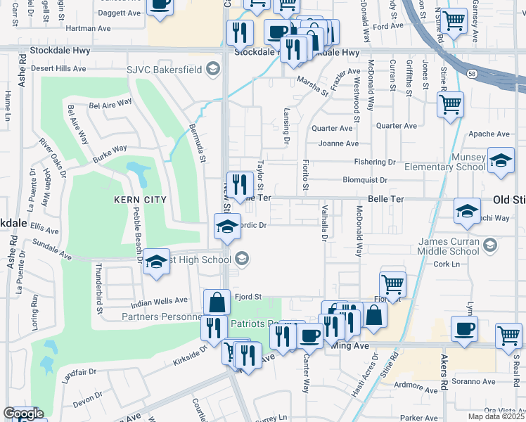map of restaurants, bars, coffee shops, grocery stores, and more near 5100 Nordic Drive in Bakersfield