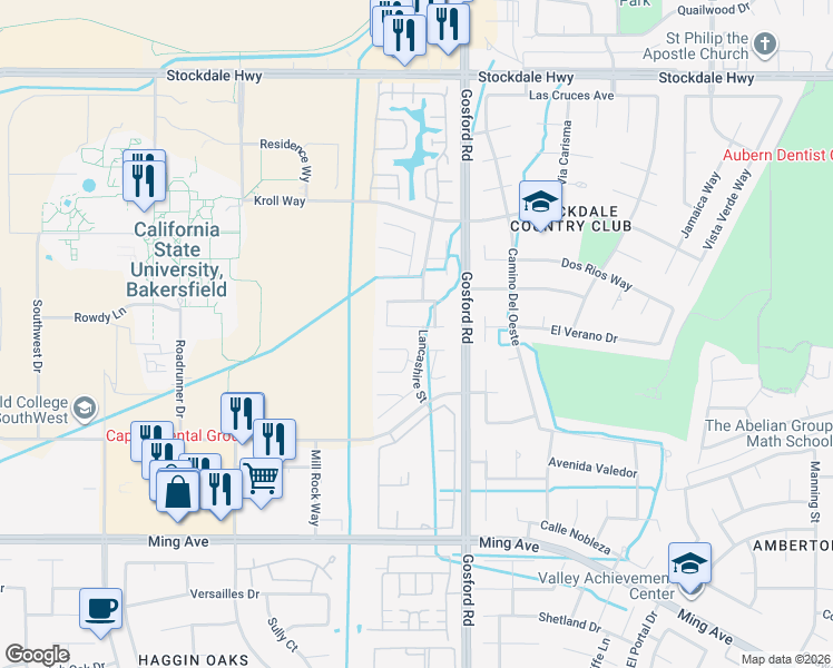 map of restaurants, bars, coffee shops, grocery stores, and more near 900 Breckland Street in Bakersfield