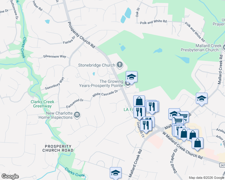 map of restaurants, bars, coffee shops, grocery stores, and more near 10101 White Cascade Drive in Charlotte