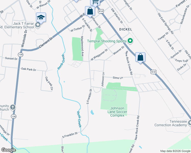 map of restaurants, bars, coffee shops, grocery stores, and more near 1015 South Franklin Street in Tullahoma