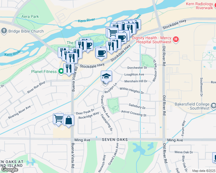 map of restaurants, bars, coffee shops, grocery stores, and more near 4200 Ashe Road in Bakersfield