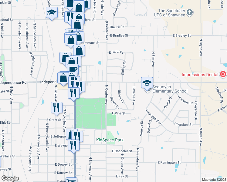 map of restaurants, bars, coffee shops, grocery stores, and more near 1408 Rickey Road in Shawnee