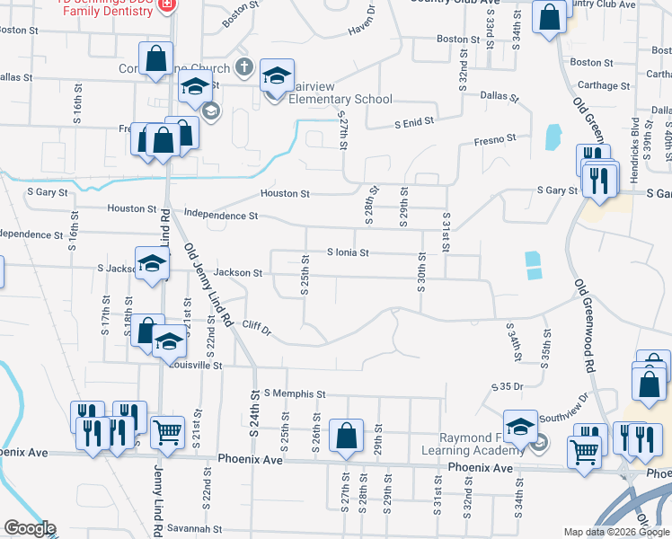map of restaurants, bars, coffee shops, grocery stores, and more near 2705 Jackson Street in Fort Smith