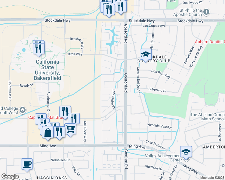 map of restaurants, bars, coffee shops, grocery stores, and more near 900 Breckland Street in Bakersfield