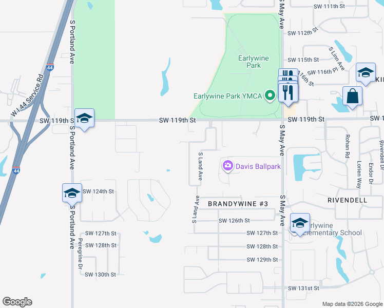 map of restaurants, bars, coffee shops, grocery stores, and more near 12204 Hickory Creek Boulevard in Oklahoma City