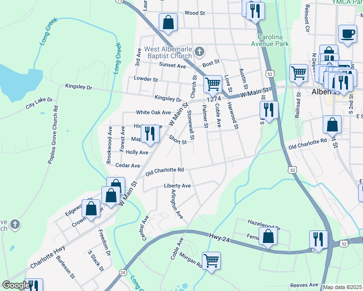 map of restaurants, bars, coffee shops, grocery stores, and more near 1421 Short Street in Albemarle