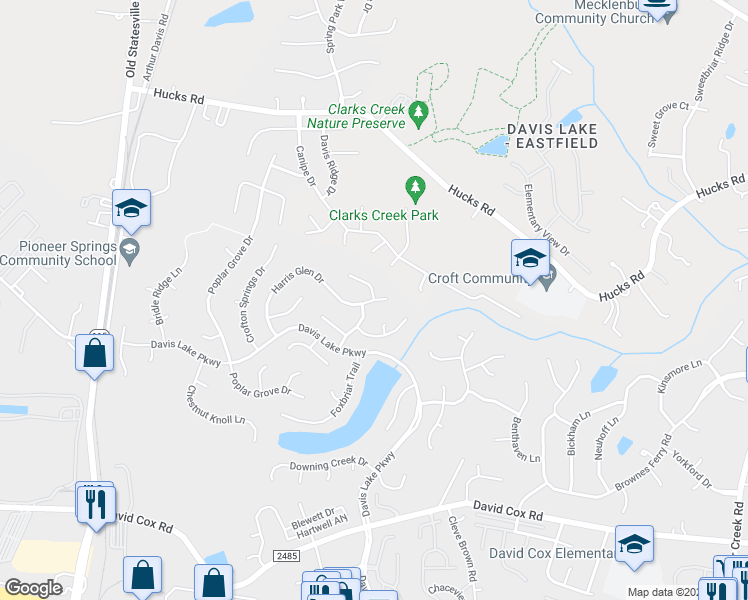 map of restaurants, bars, coffee shops, grocery stores, and more near Harris Glen Dr & Beech Crest Pl in Charlotte