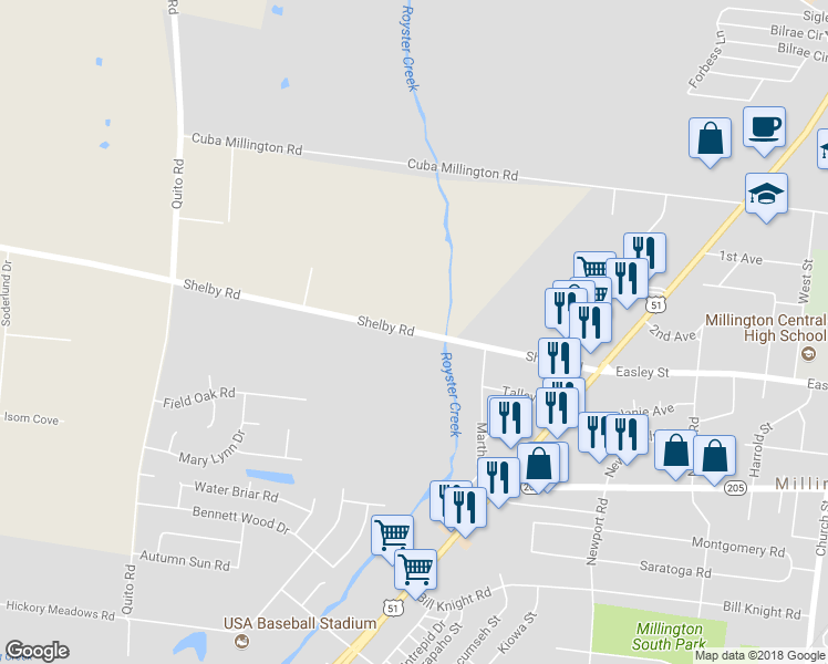 map of restaurants, bars, coffee shops, grocery stores, and more near 4565 Shelby Road in Millington