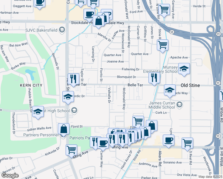map of restaurants, bars, coffee shops, grocery stores, and more near 1000 Valhalla Drive in Bakersfield