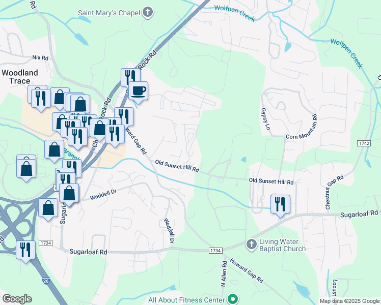 map of restaurants, bars, coffee shops, grocery stores, and more near 20 Ducks Walk Trail in Hendersonville