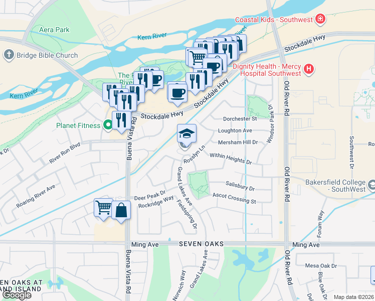 map of restaurants, bars, coffee shops, grocery stores, and more near 10800 Rosslyn Lane in Bakersfield
