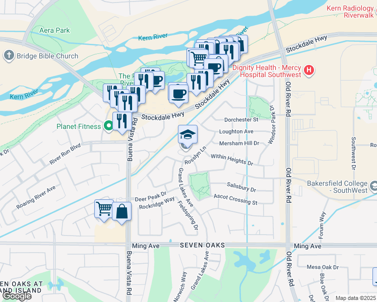 map of restaurants, bars, coffee shops, grocery stores, and more near 10800 Rosslyn Lane in Bakersfield