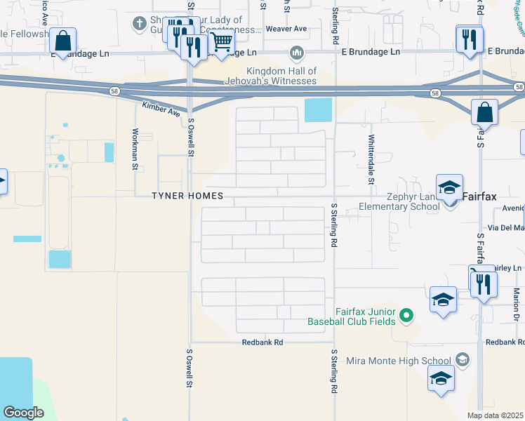 map of restaurants, bars, coffee shops, grocery stores, and more near 5303 Trabuco Canyon Drive in Bakersfield