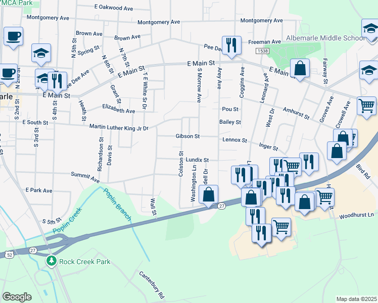 map of restaurants, bars, coffee shops, grocery stores, and more near Colston Street in Albemarle