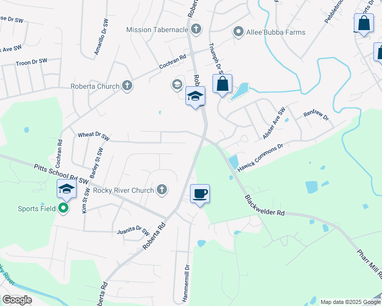 map of restaurants, bars, coffee shops, grocery stores, and more near 4990 Roberta Road in Concord