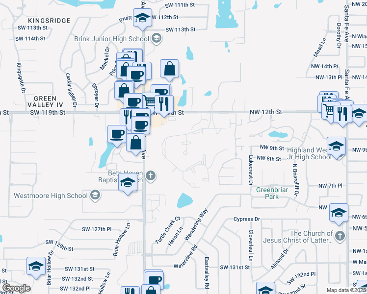 map of restaurants, bars, coffee shops, grocery stores, and more near 12225 High Meadow Court in Oklahoma City