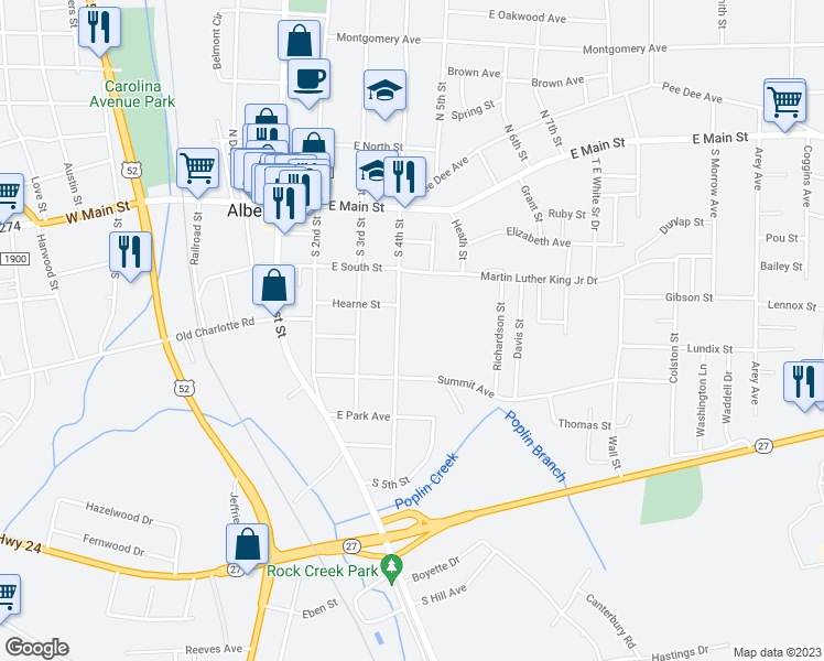 map of restaurants, bars, coffee shops, grocery stores, and more near 411 South 4th Street in Albemarle