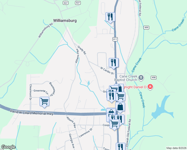 map of restaurants, bars, coffee shops, grocery stores, and more near 323 Grady Rd in Etowah