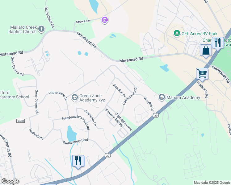 map of restaurants, bars, coffee shops, grocery stores, and more near 12508 Clackwyck Lane in Charlotte