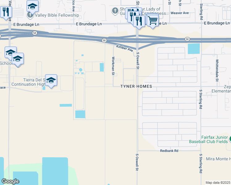 map of restaurants, bars, coffee shops, grocery stores, and more near Zephyr Lane in Bakersfield